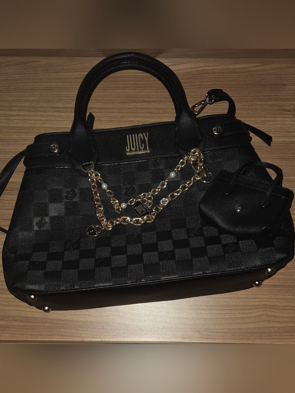 Juicy Couture Black Checker-Pattern Satchel with Gold Chain